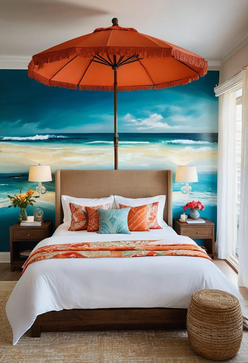 An enchanting scene showcasing a stylish beach setting transitioning into a cozy bedroom adorned with luxurious swimwear and intimate gift boxes. The beach is adorned with colorful umbrellas, sunbathers, and crystal-clear waves, while the bedroom features soft, warm lighting and elegant textiles. Include vibrant swimwear styles hung on an inviting bed frame. The color palette should evoke feelings of warmth and romance. super-realistic. vibrant colors. soft focus.